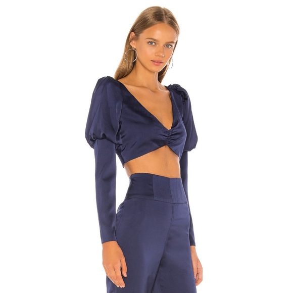 NEW NBD REVOLVE BLUE SATIN LONG SLEEVE CROP TOP - Picture 4 of 8